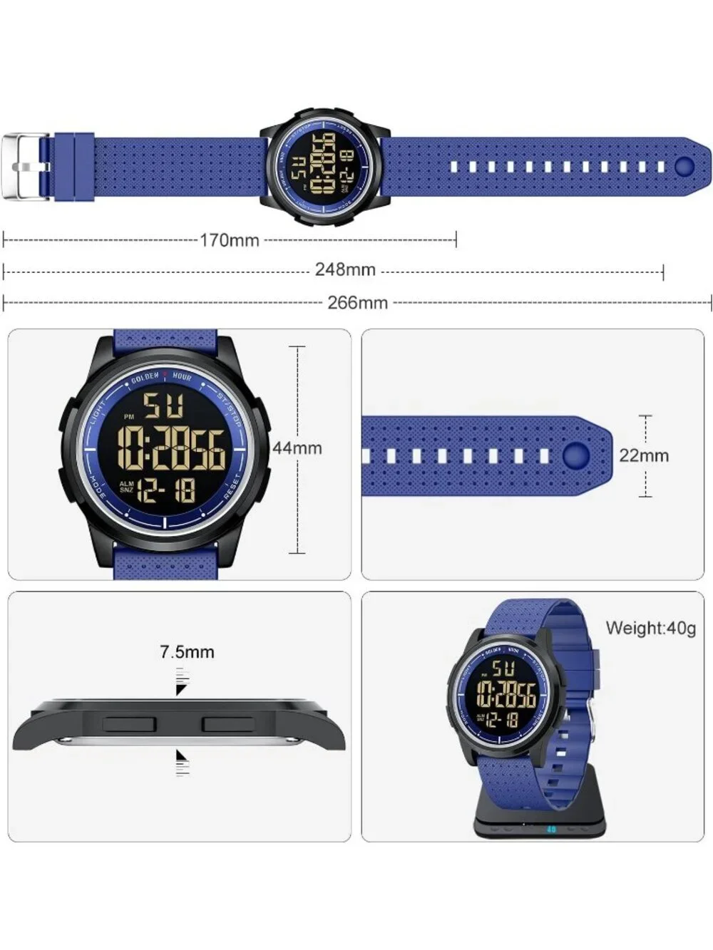 Men's Blue Rubber Strap Ultra-Thin Minimalist Sports Waterproof Digital Watch